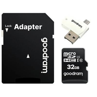 Карта пам`ятi MicroSDHC 32GB UHS-I Class 10 Goodram + SD-adapter + OTG Card reader (M1A4-0320R12) Карта пам`ятi MicroSDHC 32GB UHS-I Class 10 Goodram + SD-adapter + OTG Card reader (M1A4-0320R12)