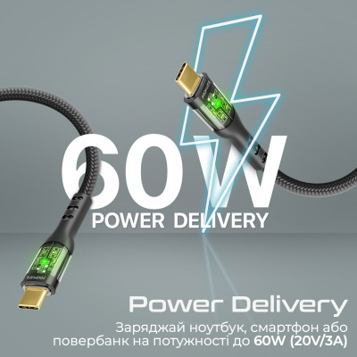 Кабель Promate TransLine-CC200 USB Type-C - USB Type-C (M/M), 3 A, 60 W, 2 м, Black Кабель Promate TransLine-CC200 USB Type-C - USB Type-C (M/M), 3 A, 60 W, 2 м, Black