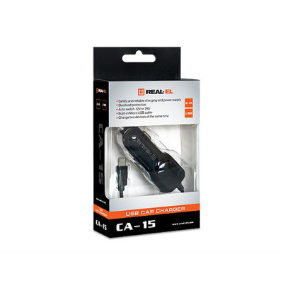 Автомобільний зарядний пристрій REAL-EL CA-15 (2USB, 2.1A) Black + кабель microUSB Автомобільний зарядний пристрій REAL-EL CA-15 (2USB, 2.1A) Black + кабель microUSB