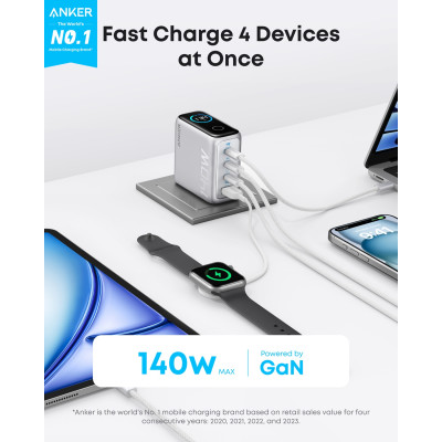 Мережевий зарядний пристрій Anker Laptop GaN Charger Silver, 140W 3xUSB-C 1xUSB-A Display (B2697G41) + кабель USB Type-C Мережевий зарядний пристрій Anker Laptop GaN Charger Silver, 140W 3xUSB-C 1xUSB-A Display (B2697G41) + кабель USB Type-C