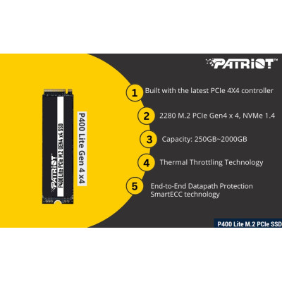 Накопичувач SSD 2TB Patriot P400 Lite M.2 2280 PCIe NVMe 4.0 x4 3D TLC (P400LP2KGM28H) Накопичувач SSD 2TB Patriot P400 Lite M.2 2280 PCIe NVMe 4.0 x4 3D TLC (P400LP2KGM28H)