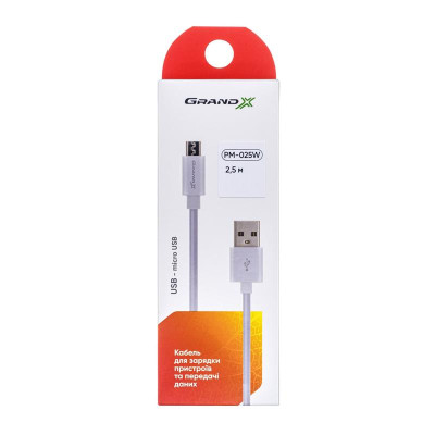 Кабель Grand-X USB - micro USB (M/M), Cu, 2.5 м, White (PM025W) Кабель Grand-X USB - micro USB (M/M), Cu, 2.5 м, White (PM025W)