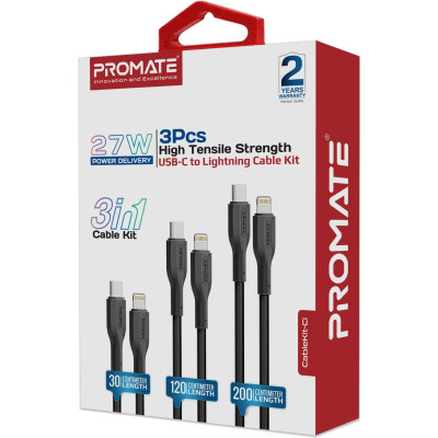 Комплект кабелів Promate USB Type-C - Lightning (M/M), 3A, 27W, 0.3 м, 1.2 м, 2 м Black (cablekit-ci) Комплект кабелів Promate USB Type-C - Lightning (M/M), 3A, 27W, 0.3 м, 1.2 м, 2 м Black (cablekit-ci)