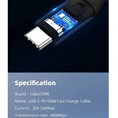 Кабель Cabletime USB Type-C - USB Type-C (M/M) PD 100W, 2 м, Black (CU02L) Кабель Cabletime USB Type-C - USB Type-C (M/M) PD 100W, 2 м, Black (CU02L)