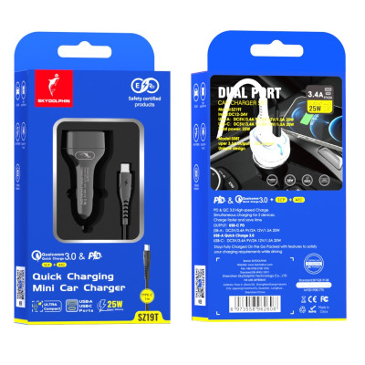 Автомобільний зарядний пристрій SkyDolphin SZ19T PD 20W + QC3.0 20W Black (AZP-000104) + кабель Type-C Автомобільний зарядний пристрій SkyDolphin SZ19T PD 20W + QC3.0 20W Black (AZP-000104) + кабель Type-C