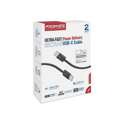 Кабель Promate EcoLine-CC120 USB Type-C - USB Type-C (M/M), 3 A, 60 W, 1.2 м, Black Кабель Promate EcoLine-CC120 USB Type-C - USB Type-C (M/M), 3 A, 60 W, 1.2 м, Black