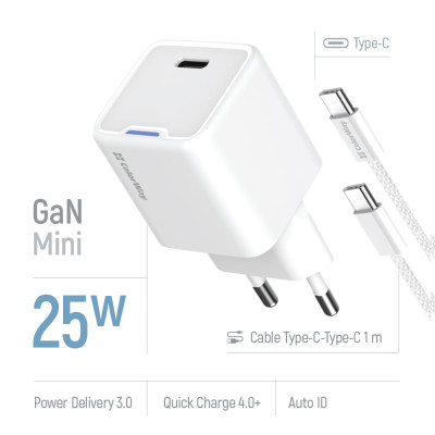 Мережевий зарядний пристрій ColorWay GaN Mini 25W PD Port PPS USB-C White (CW-CHS052PDC-WT) + кабель USB Type-C Мережевий зарядний пристрій ColorWay GaN Mini 25W PD Port PPS USB-C White (CW-CHS052PDC-WT) + кабель USB Type-C