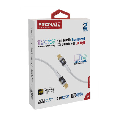 Кабель Promate Lucidline-CC120 USB Type-C - USB Type-C (M/M), 5 A, 100 W, 1.2 м, White Кабель Promate Lucidline-CC120 USB Type-C - USB Type-C (M/M), 5 A, 100 W, 1.2 м, White