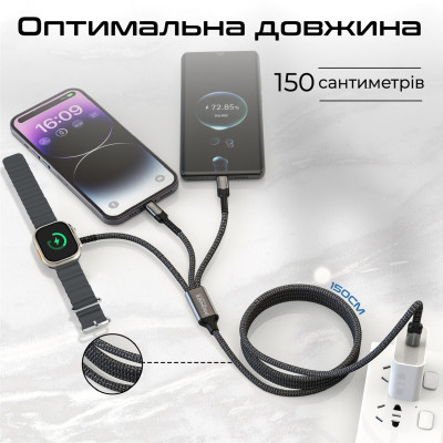 Кабель Promate USB Type-C - USB Type-C (M/M) Lightning 27W 60W Apple MagSafe 1 2.5W, 4A, 1.5 м, Black (icharge-trio.black) Кабель Promate USB Type-C - USB Type-C (M/M) Lightning 27W 60W Apple MagSafe 1 2.5W, 4A, 1.5 м, Black (icharge-trio.black)