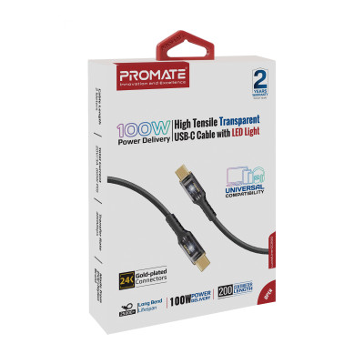 Кабель Promate Lucidline-CC200 USB Type-C - USB Type-C (M/M), 5 A, 100 W, 2 м, Black Кабель Promate Lucidline-CC200 USB Type-C - USB Type-C (M/M), 5 A, 100 W, 2 м, Black