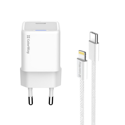 Мережевий зарядний пристрій ColorWay GaN Mini 20W PD Port PPS USB-C White (CW-CHS059PD-WT) + кабель Lightning Мережевий зарядний пристрій ColorWay GaN Mini 20W PD Port PPS USB-C White (CW-CHS059PD-WT) + кабель Lightning