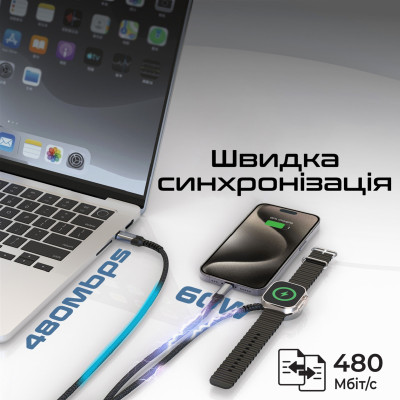 Кабель Promate USB Type-C - USB Type-C (M/M) Lightning 27W 60W Apple MagSafe 1 2.5W, 4A, 1.5 м, Black (icharge-trio.black) Кабель Promate USB Type-C - USB Type-C (M/M) Lightning 27W 60W Apple MagSafe 1 2.5W, 4A, 1.5 м, Black (icharge-trio.black)