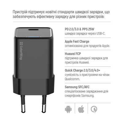 Мережевий зарядний пристрій ColorWay GaN Mini 25W PD Port PPS USB-C Black (CW-CHS052PD-BK) Мережевий зарядний пристрій ColorWay GaN Mini 25W PD Port PPS USB-C Black (CW-CHS052PD-BK)