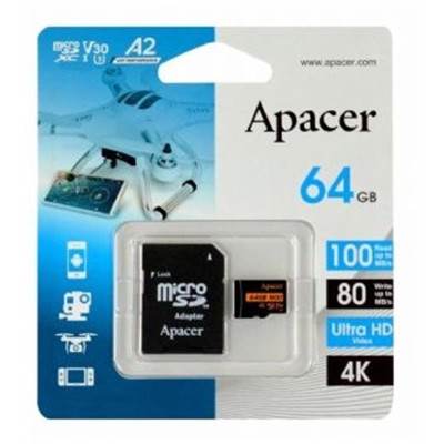 Карта пам`ятi MicroSDXC 64GB UHS-I/U3 Class 10 Apacer (AP64GMCSX10U8-R) + SD адаптер Карта пам`ятi MicroSDXC 64GB UHS-I/U3 Class 10 Apacer (AP64GMCSX10U8-R) + SD адаптер
