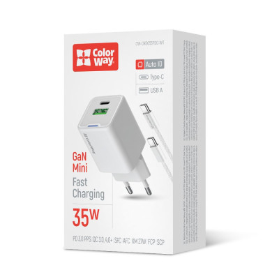 Мережевий зарядний пристрій ColorWay GaN Mini 35W PD Port PPS USB (Type-C PD + USB QC4.0) White (CW-CHS055PDC-WT) + кабель USB Type-C Мережевий зарядний пристрій ColorWay GaN Mini 35W PD Port PPS USB (Type-C PD + USB QC4.0) White (CW-CHS055PDC-WT) + кабель USB Type-C