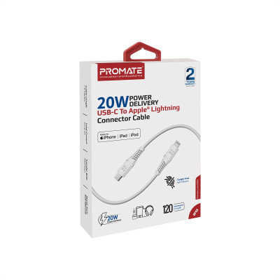 Кабель Promate PowerLine-Ci120 USB Type-C - Lightning (M/M), 3 A, 20 W, 1.2 м, White Кабель Promate PowerLine-Ci120 USB Type-C - Lightning (M/M), 3 A, 20 W, 1.2 м, White