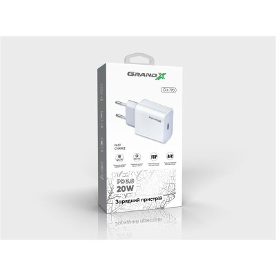 Мережевий зарядний пристрій Grand-X (1xUSB-C 20W) QC4.0, PD 3.0, FCP, AFC White (CH-770) Мережевий зарядний пристрій Grand-X (1xUSB-C 20W) QC4.0, PD 3.0, FCP, AFC White (CH-770)