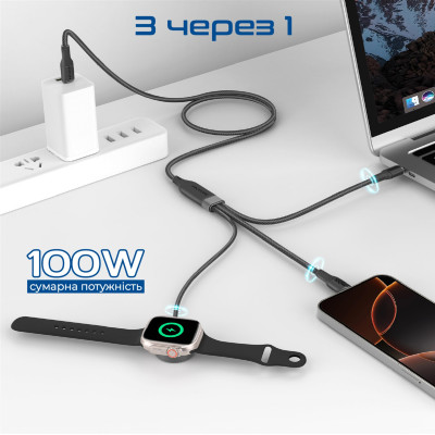 Кабель Promate USB Type-C - 2хUSB Type-C 100W Apple Watch Charger 5W (M/M), 5A, 1.4 м, Black (fusion-ccw.black) Кабель Promate USB Type-C - 2хUSB Type-C 100W Apple Watch Charger 5W (M/M), 5A, 1.4 м, Black (fusion-ccw.black)