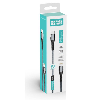 Кабель ColorWay USB-C - Lightning (M/M), PD Fast Charging, 3 А, 1 м, Grey (CW-CBPDCL033-GR)