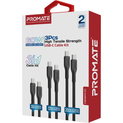 Комплект кабелів Promate USB Type-C - USB Type-C (M/M), 3A, 60W, 0.3 м, 1.2 м, 2 м Black (cablekit-cc.black) Комплект кабелів Promate USB Type-C - USB Type-C (M/M), 3A, 60W, 0.3 м, 1.2 м, 2 м Black (cablekit-cc.black)