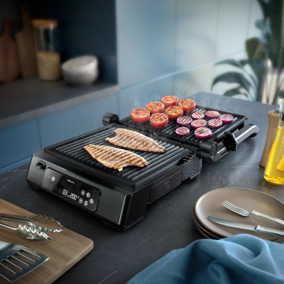 Гриль Philips прижимной Series 7000, 2200Вт, съемные пластины, термощуп, раскрытие на 180°, металл, черный (HD6307/70)
