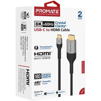 Кабель Promate USB Type-C - HDMI V 2.1 (M/M), 1.8 м, Grey (mediacord-8k.grey) Кабель Promate USB Type-C - HDMI V 2.1 (M/M), 1.8 м, Grey (mediacord-8k.grey)