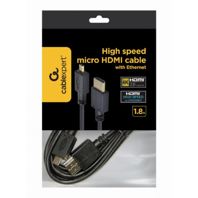 Кабель Cablexpert HDMI - micro-HDMI V 2.0 (M/M), 1.8 м, чорний (CC-HDMID-6) пакет Кабель Cablexpert HDMI - micro-HDMI V 2.0 (M/M), 1.8 м, чорний (CC-HDMID-6) пакет
