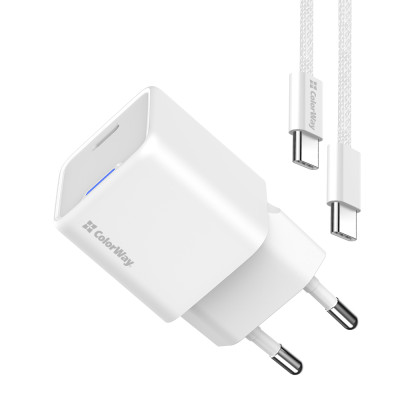 Мережевий зарядний пристрій ColorWay GaN Mini 25W PD Port PPS USB-C White (CW-CHS052PDC-WT) + кабель USB Type-C Мережевий зарядний пристрій ColorWay GaN Mini 25W PD Port PPS USB-C White (CW-CHS052PDC-WT) + кабель USB Type-C