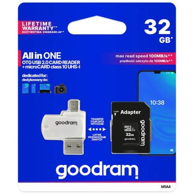 Карта пам`ятi MicroSDHC 32GB UHS-I Class 10 Goodram + SD-adapter + OTG Card reader (M1A4-0320R12) Карта пам`ятi MicroSDHC 32GB UHS-I Class 10 Goodram + SD-adapter + OTG Card reader (M1A4-0320R12)