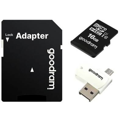 Карта пам`ятi MicroSDHC 16GB UHS-I Class 10 Goodram + SD-adapter + OTG Card reader (M1A4-0160R12) Карта пам`ятi MicroSDHC 16GB UHS-I Class 10 Goodram + SD-adapter + OTG Card reader (M1A4-0160R12)