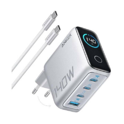 Мережевий зарядний пристрій Anker Laptop GaN Charger Silver, 140W 3xUSB-C 1xUSB-A Display (B2697G41) + кабель USB Type-C Мережевий зарядний пристрій Anker Laptop GaN Charger Silver, 140W 3xUSB-C 1xUSB-A Display (B2697G41) + кабель USB Type-C