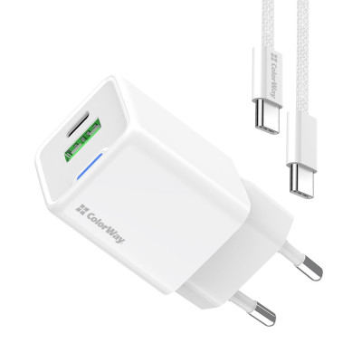 Мережевий зарядний пристрій ColorWay GaN Mini 35W PD Port PPS USB (Type-C PD + USB QC4.0) White (CW-CHS055PDC-WT) + кабель USB Type-C Мережевий зарядний пристрій ColorWay GaN Mini 35W PD Port PPS USB (Type-C PD + USB QC4.0) White (CW-CHS055PDC-WT) + кабель USB Type-C