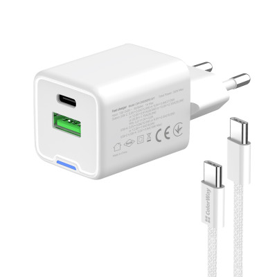 Мережевий зарядний пристрій ColorWay GaN Mini 35W PD Port PPS USB (Type-C PD + USB QC4.0) White (CW-CHS055PDC-WT) + кабель USB Type-C Мережевий зарядний пристрій ColorWay GaN Mini 35W PD Port PPS USB (Type-C PD + USB QC4.0) White (CW-CHS055PDC-WT) + кабель USB Type-C