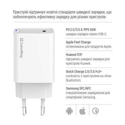 Мережевий зарядний пристрій ColorWay GaN Mini 45W PD Port PPS USB-C White (CW-CHS057PD-WT)
