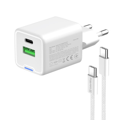 Мережевий зарядний пристрій ColorWay GaN Mini 20W PD Port PPS USB (Type-C PD + USB QC4.0) White (CW-CHS062PDC-WT) + кабель Type-C Мережевий зарядний пристрій ColorWay GaN Mini 20W PD Port PPS USB (Type-C PD + USB QC4.0) White (CW-CHS062PDC-WT) + кабель Type-C
