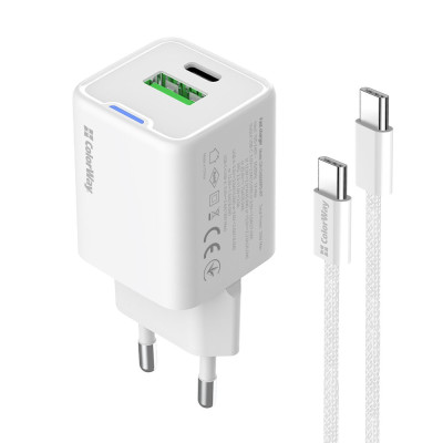 Мережевий зарядний пристрій ColorWay GaN Mini 35W PD Port PPS USB (Type-C PD + USB QC4.0) White (CW-CHS055PDC-WT) + кабель USB Type-C Мережевий зарядний пристрій ColorWay GaN Mini 35W PD Port PPS USB (Type-C PD + USB QC4.0) White (CW-CHS055PDC-WT) + кабель USB Type-C
