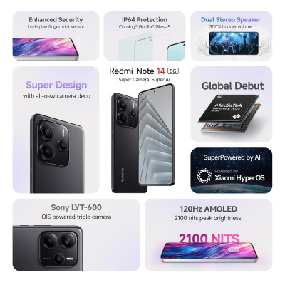 Смартфон Xiaomi Redmi Note 14 5G 8/256GB Midnight Black Смартфон Xiaomi Redmi Note 14 5G 8/256GB Midnight Black