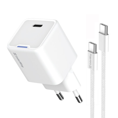 Мережевий зарядний пристрій ColorWay GaN Mini 25W PD Port PPS USB-C White (CW-CHS052PDC-WT) + кабель USB Type-C Мережевий зарядний пристрій ColorWay GaN Mini 25W PD Port PPS USB-C White (CW-CHS052PDC-WT) + кабель USB Type-C