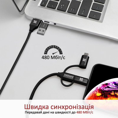 Кабель Promate PentaPower USB + USB Type-C - Lightning + micro USB + USB Type-C (M/M), 3 A, 60 W, 1.2 м, Black Кабель Promate PentaPower USB + USB Type-C - Lightning + micro USB + USB Type-C (M/M), 3 A, 60 W, 1.2 м, Black