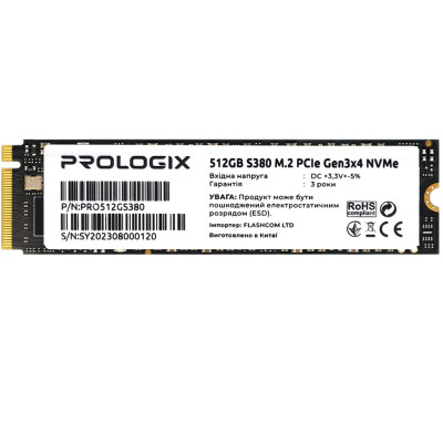Накопичувач SSD 512GB Prologix S380 M.2 2280 PCIe 3.0 x4 NVMe 3D TLC (PRO512GS380) Накопичувач SSD 512GB Prologix S380 M.2 2280 PCIe 3.0 x4 NVMe 3D TLC (PRO512GS380)