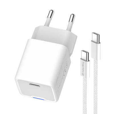 Мережевий зарядний пристрій ColorWay GaN Mini 35W PD Port PPS USB-C White (CW-CHS056PDC-WT) + кабель USB Type-C Мережевий зарядний пристрій ColorWay GaN Mini 35W PD Port PPS USB-C White (CW-CHS056PDC-WT) + кабель USB Type-C