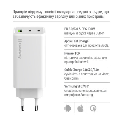 Мережевий зарядний пристрій ColorWay GaN Mini 100W PD Port PPS USB (USB-2C1A) White (CW-CHS061PD-WT)