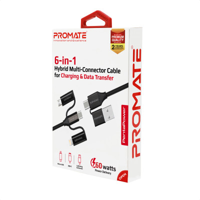 Кабель Promate PentaPower USB + USB Type-C - Lightning + micro USB + USB Type-C (M/M), 3 A, 60 W, 1.2 м, Black Кабель Promate PentaPower USB + USB Type-C - Lightning + micro USB + USB Type-C (M/M), 3 A, 60 W, 1.2 м, Black