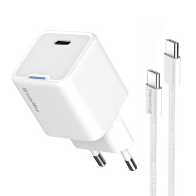 Мережевий зарядний пристрій ColorWay GaN Mini 35W PD Port PPS USB-C White (CW-CHS056PDC-WT) + кабель USB Type-C Мережевий зарядний пристрій ColorWay GaN Mini 35W PD Port PPS USB-C White (CW-CHS056PDC-WT) + кабель USB Type-C