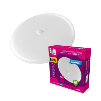 Світильник настінно-стельовий світлодіодний накладний з датчиком руху ELM VEGA S 24W 6500К IP40 26-0104 Світильник настінно-стельовий світлодіодний накладний з датчиком руху ELM VEGA S 24W 6500К IP40 26-0104