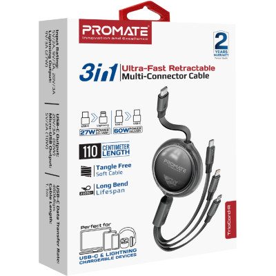 Кабель Promate USB Type-C - USB Type-C Lightning microUSB (M/M), 3A, 60W, 1.1 м, Black (triocord-r.black) Кабель Promate USB Type-C - USB Type-C Lightning microUSB (M/M), 3A, 60W, 1.1 м, Black (triocord-r.black)