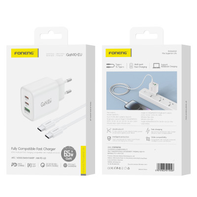 Зарядний пристрій Foneng GaN10 (1хUSB, 2хUSB-C) 65W White (GaN10-EU-CH-TC-W) + кабель USB Type-C Зарядний пристрій Foneng GaN10 (1хUSB, 2хUSB-C) 65W White (GaN10-EU-CH-TC-W) + кабель USB Type-C