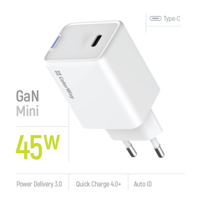 Мережевий зарядний пристрій ColorWay GaN Mini 45W PD Port PPS USB-C White (CW-CHS057PD-WT)