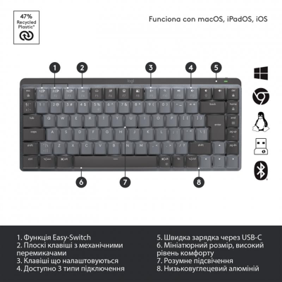 Клавіатура бездротова Logitech MX Mechanical Mini Minimalist Graphite (920-010780) Клавіатура бездротова Logitech MX Mechanical Mini Minimalist Graphite (920-010780)
