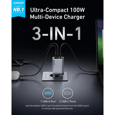 Мережевий зарядний пристрій Anker PowerPort GaNPrime 100W 2xUSB Type-C, USB Type-A Silver (A2688341) Мережевий зарядний пристрій Anker PowerPort GaNPrime 100W 2xUSB Type-C, USB Type-A Silver (A2688341)